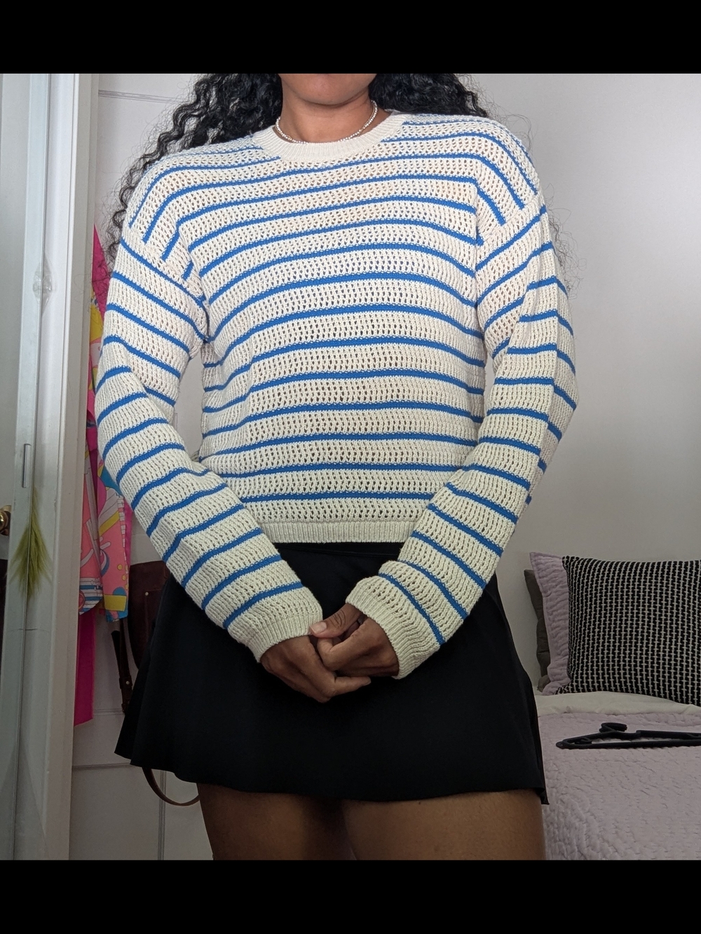 Mavi Cream and Blue Striped Open-Knit Crewneck Sweater